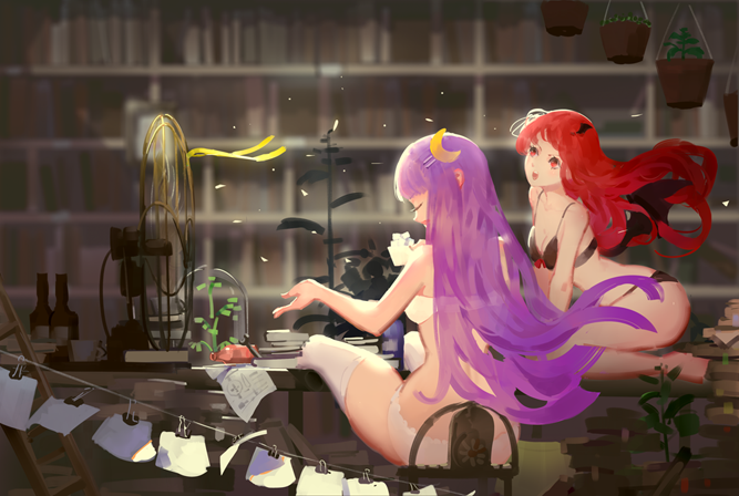 2girls, back, bangs, barefoot, bat_wings, binder_clip, black_bra, black_wings, book, book_stack, bookshelf, bottomless, bra, breasts, cleavage, closed_eyes, crescent_hair_ornament, cup, dryin, electric_fan, fan, floating_hair, hair_ornament, head_wings, holding_paper, hoshimawa, indoors, kneeling, koakuma, ladder, laundry, long_hair, mug, multiple_girls, on_table, outstretched_arm, paper, patchouli_knowledge, plant, potted_plant, purple_hair, red_eyes, redhead, ribbon, sitting, sitting_on_chair, sketch, string, table, thigh-highs, touhou, underwear, underwear_only, very_long_hair, white_bra, white_legwear, wind, wings, yellow_ribbon