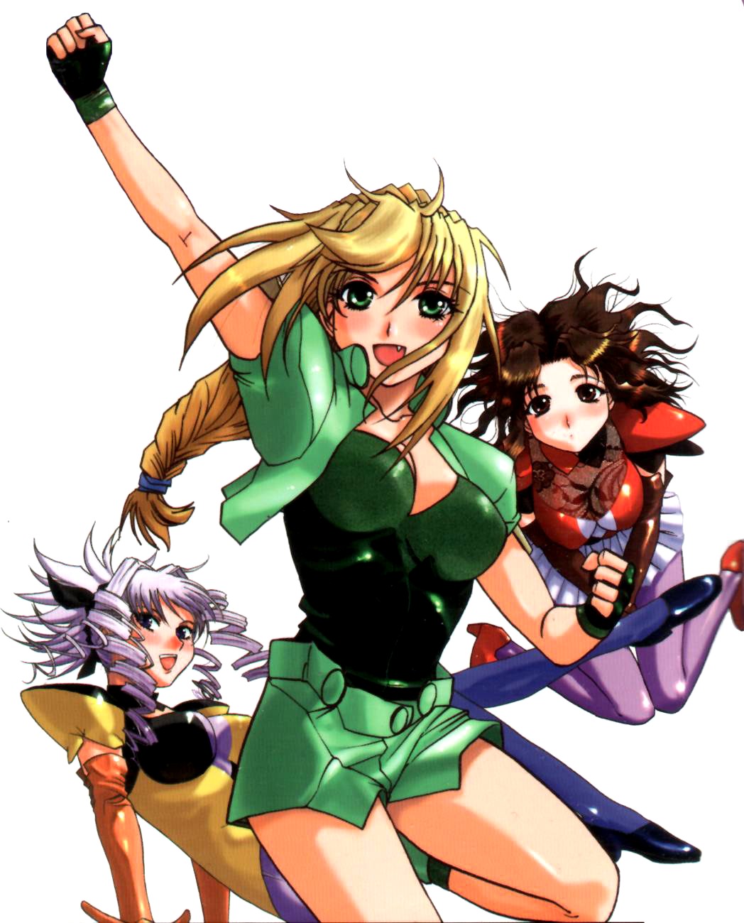braid, brown_eyes, brown_hair, drill_hair, elbow_gloves, elgala, excel, excel_saga, fang, fingerless_gloves, gloves, green_eyes, highres, hyatt, long_hair, purple_hair, rikudou_koushi, smile