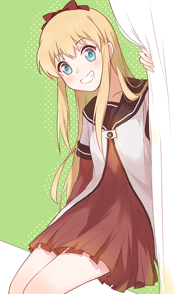 1girl, blonde_hair, blue_eyes, bow, curtains, grey_background, grin, hair_bow