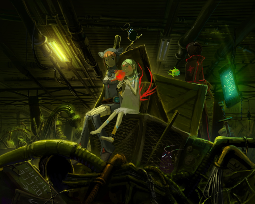 1boy, 2girls, animal_ears, animal_hood, barefoot, black_hair, blush, breasts