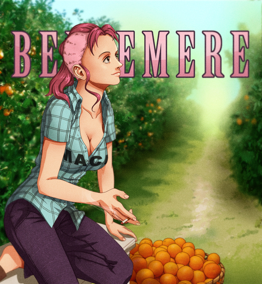 1girl, bellemere, breasts, character_name, cigarette, cleavage, coreymill, food