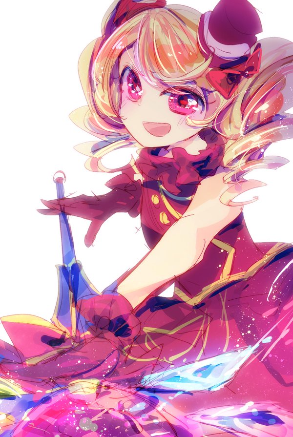 1girl, bow, cowboy_shot, dress, drill_hair, gloves, hair_bow, hat