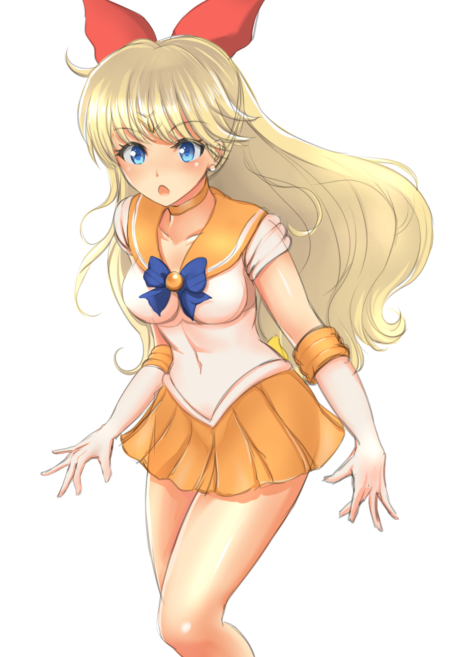 1girl, aino_minako, bishoujo_senshi_sailor_moon, blonde_hair, blue_eyes, bow, choker, collarbone, cowboy_shot, elbow_gloves, gloves, hair_bow, half_updo, highres, jewelry, long_hair, magical_girl, open_mouth, red_bow, sailor_venus, short_sleeves, simple_background, skirt, solo, sonota_taisei, standing, tiara, white_background, white_gloves