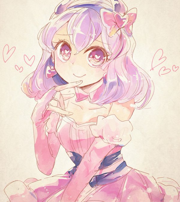 1girl, avarita_(otoca_doll), bow, earrings, hair_bow, hairband, heart, heart-shaped_pupils