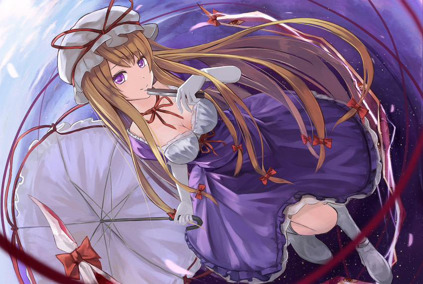 1girl, blonde_hair, fan, folding_fan, gap, gloves, hat, long_hair