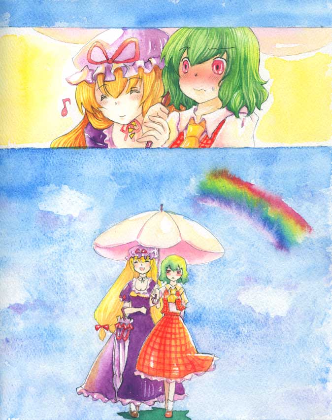 ai_ai_gasa, ascot, blonde_hair, blush, commentary, embarrassed, green_hair, hat