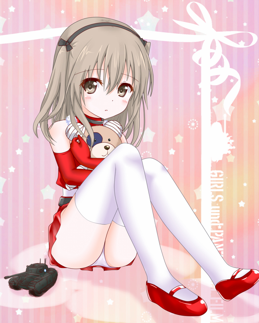 1girl, :o, bandages, bare_shoulders, belt, black_ribbon, blush, brown_eyes, brown_hair, copyright_name, elbow_gloves, girls_und_panzer, gloves, hair_ribbon, hairband, highres, jewelry, langley1000, looking_at_viewer, mary_janes, military, military_vehicle, neck_ring, panties, pantyshot, pantyshot_(sitting), parted_lips, red_gloves, red_shoes, red_skirt, red_vest, revision, ribbon, shimada_arisu, shoes, simple_background, sitting, skirt, solo, stuffed_animal, stuffed_toy, tank, teddy_bear, thigh-highs, toy, turret, underwear, vehicle, vertical-striped_background, vertical_stripes, vest, white_legwear, white_panties