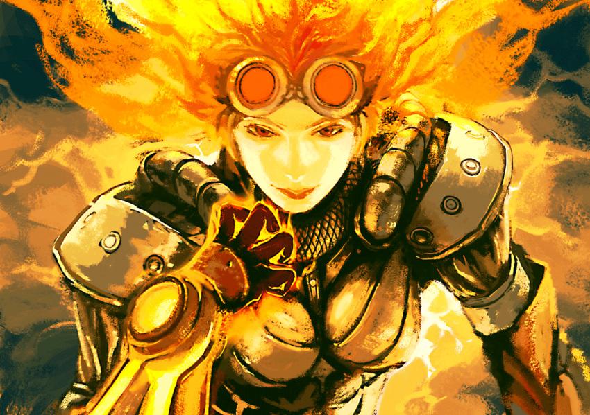 1girl, armor, chandra_nalaar, fiery_hair, fire, goggles, goggles_on_head, light_smile