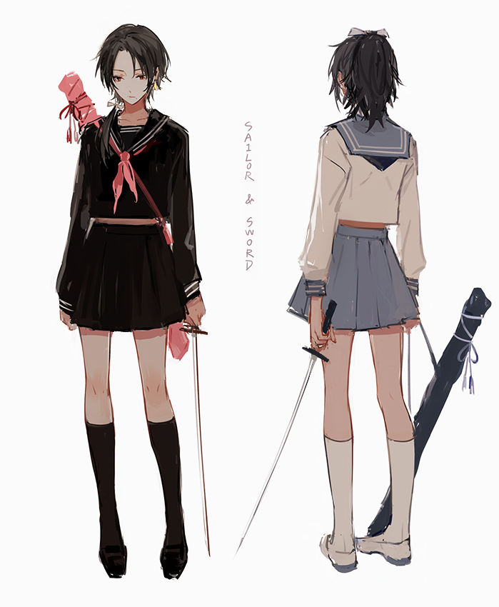 2boys, black_hair, black_legwear, crossdressinging, kashuu_kiyomitsu, katana, kneehighs, male_focus