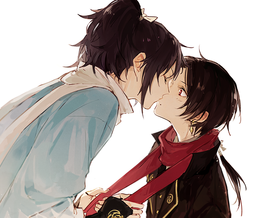 2boys, black_hair, bridal_gauntlets, brown_hair, closed_eyes, earrings, jewelry, kashuu_kiyomitsu, kiss, male_focus, mole, mole_under_mouth, multiple_boys, ponytail, red_eyes, scarf, touken_ranbu, wonkrin, yamato-no-kami_yasusada, yaoi