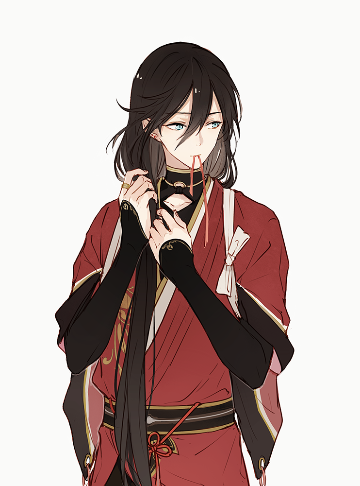 1boy, black_hair, blue_eyes, ear_studs, earrings, izumi-no-kami_kanesada, japanese_clothes, jewelry