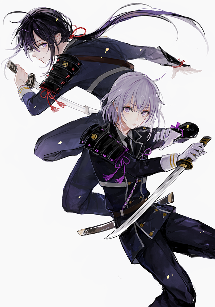 2boys, ahoge, armor, black_hair, gloves, honebami_toushirou, japanese_armor, male_focus