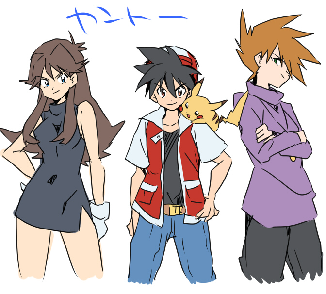 1girl, 2boys, black_dress, black_hair, blue_(pokemon), blue_(pokemon)_(classic), blue_eyes, brown_hair