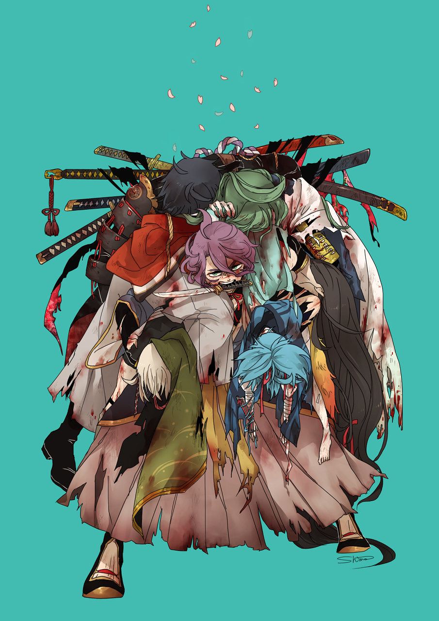 6+boys, armor, black_hair, blood, blood_on_face, bloody_clothes, blue_eyes, blue_hair