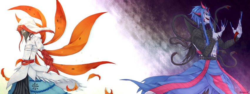 2boys, amaco4, artist_name, belt_buckle, blue_eyes, blue_fingernails, blue_hair, capelet