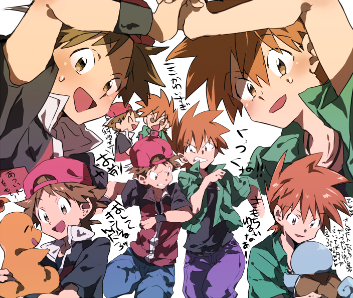 2boys, armband, backwards_hat, baseball_cap, brown_eyes, brown_hair, charmander, chokota