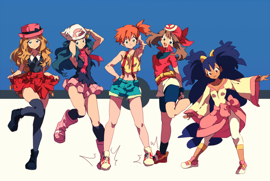 5girls, adjusting_clothes, adjusting_hat, arms_behind_back, beanie, blonde_hair, blue_hair, boots, brown_hair, chokota, dark_skin, finger_gun, hair_ornament, haruka_(pokemon), hat, hikari_(pokemon), holding_skirt, iris_(pokemon), kasumi_(pokemon), leggings, lineup, long_sleeves, looking_at_viewer, looking_away, midriff, multicolored_background, multiple_girls, pokemon, pokemon_(anime), redhead, scarf, serena_(pokemon), shoes, simple_background, sleeveless, sneakers, suspenders, thigh-highs