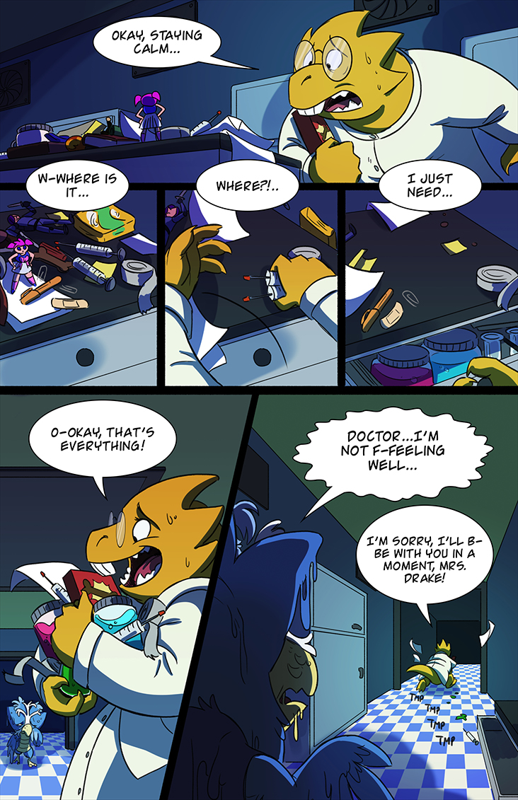 2girls, alphys, comic, dog_food, english_text, figure, instant_ramen, lynxgriffin