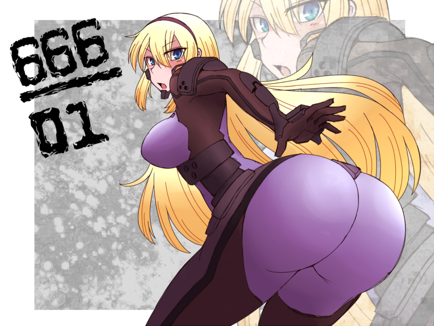 1girl, armor, ass, blonde_hair, bodysuit, from_behind, irisdina_bernhard, kuri_dora