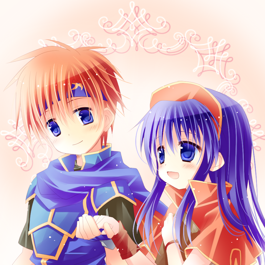 1boy, 1girl, :d, blue_eyes, blue_hair, blush, cape, capelet, couple, dress, fire_emblem, fire_emblem:_fuuin_no_tsurugi, gloves, hat, headband, hetero, kakanien, lilina, long_hair, open_mouth, redhead, roy_(fire_emblem), shiny, shiny_hair, smile