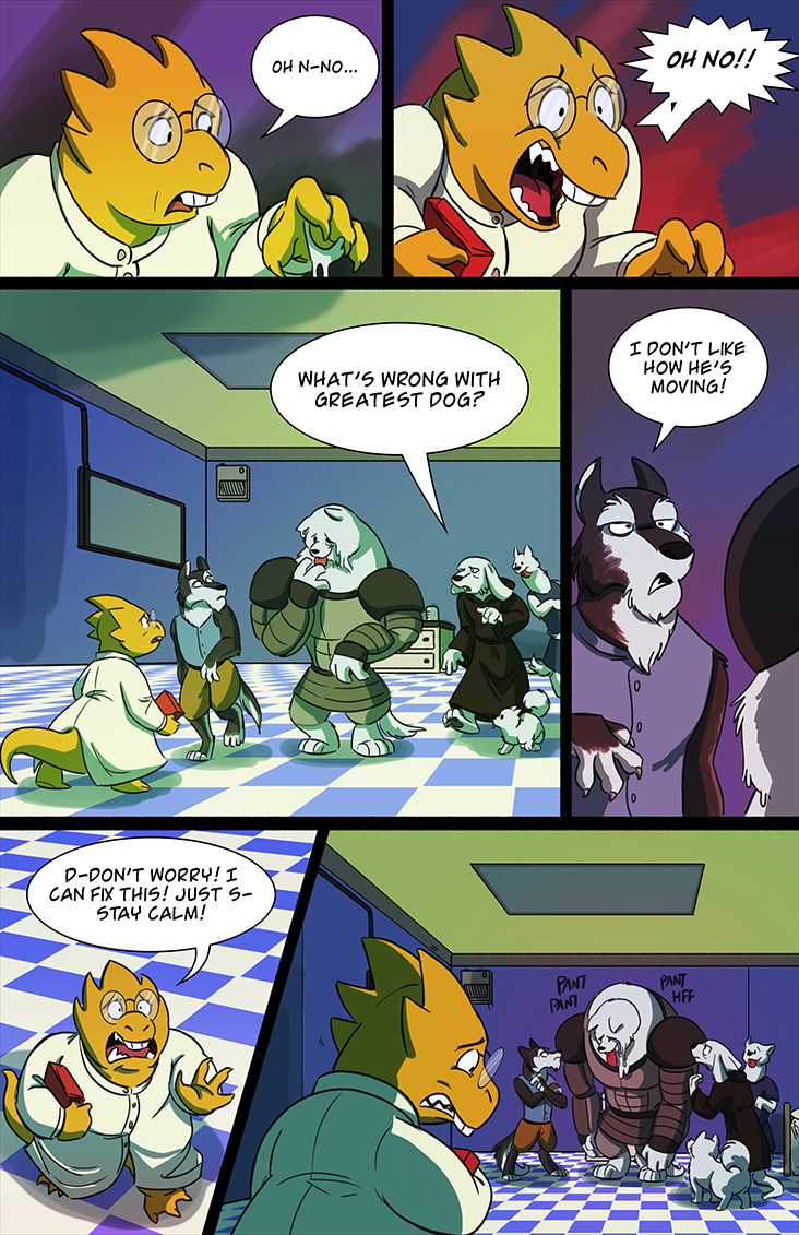 1girl, alphys, annoying_dog, bed, box, buck_teeth, comic, dog