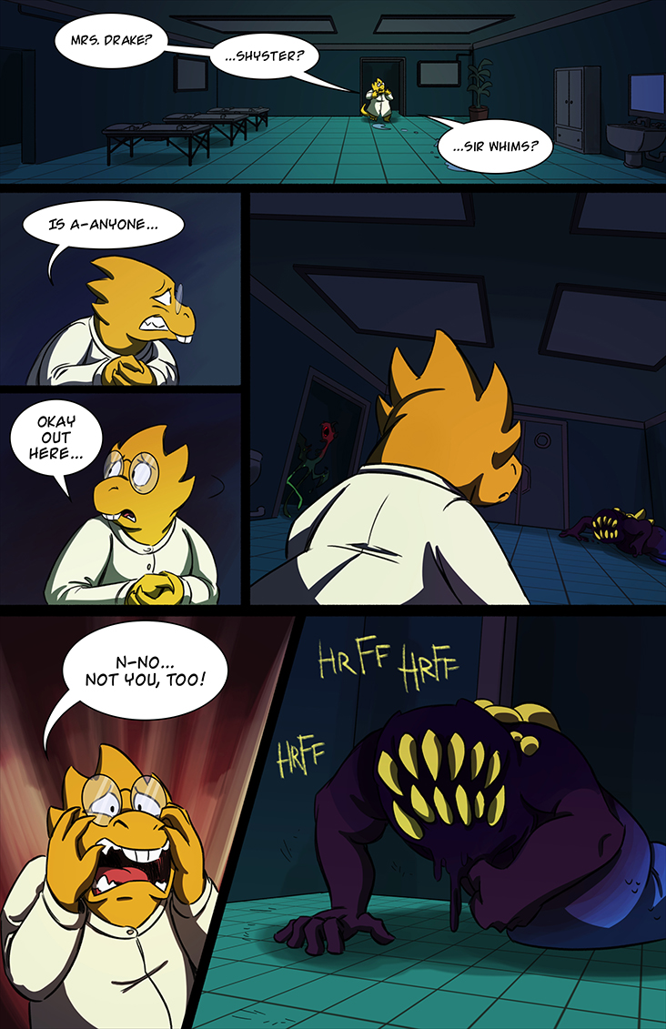 2girls, alphys, bed, comic, dark_room, english_text, glasses, hospital_bed