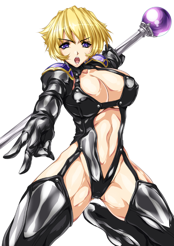 blonde_hair, blue_eyes, breasts, cleavage, cowboy_shot, large_breasts, leotard, looking_at_viewer, navel, open_mouth, original, short_hair, shoulder_pads, simple_background, smash_daisaku, staff, white_background