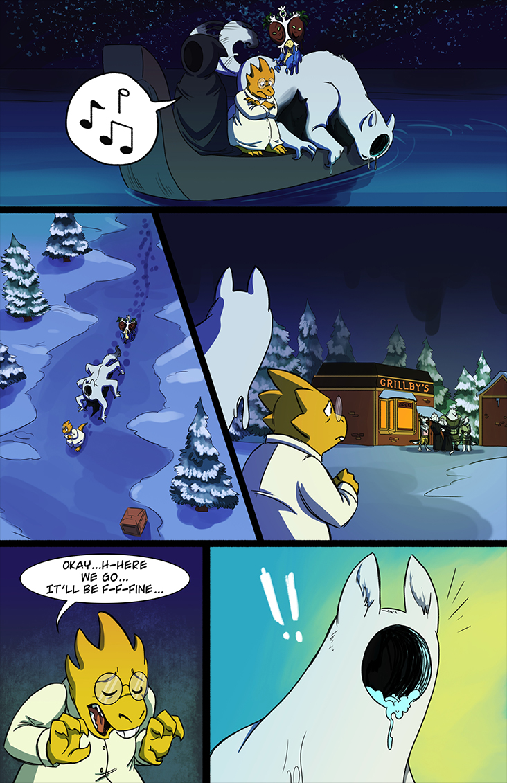 !!, 3girls, alphys, box, canoe, cloak, comic, dogamy