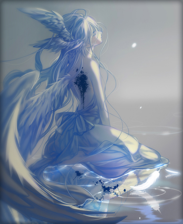1girl, bare_back, bare_shoulders, blood, blood_splatter, border, closed_eyes, closed_mouth
