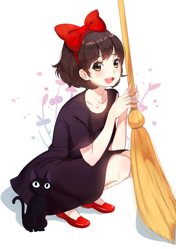 :d, animal, black_dress, black_eyes, black_fur, bow, broom, brown_eyes
