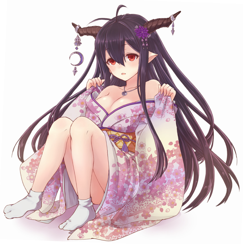 1girl, antenna_hair, breasts, cleavage, danua, floral_print, granblue_fantasy, hair_between_eyes