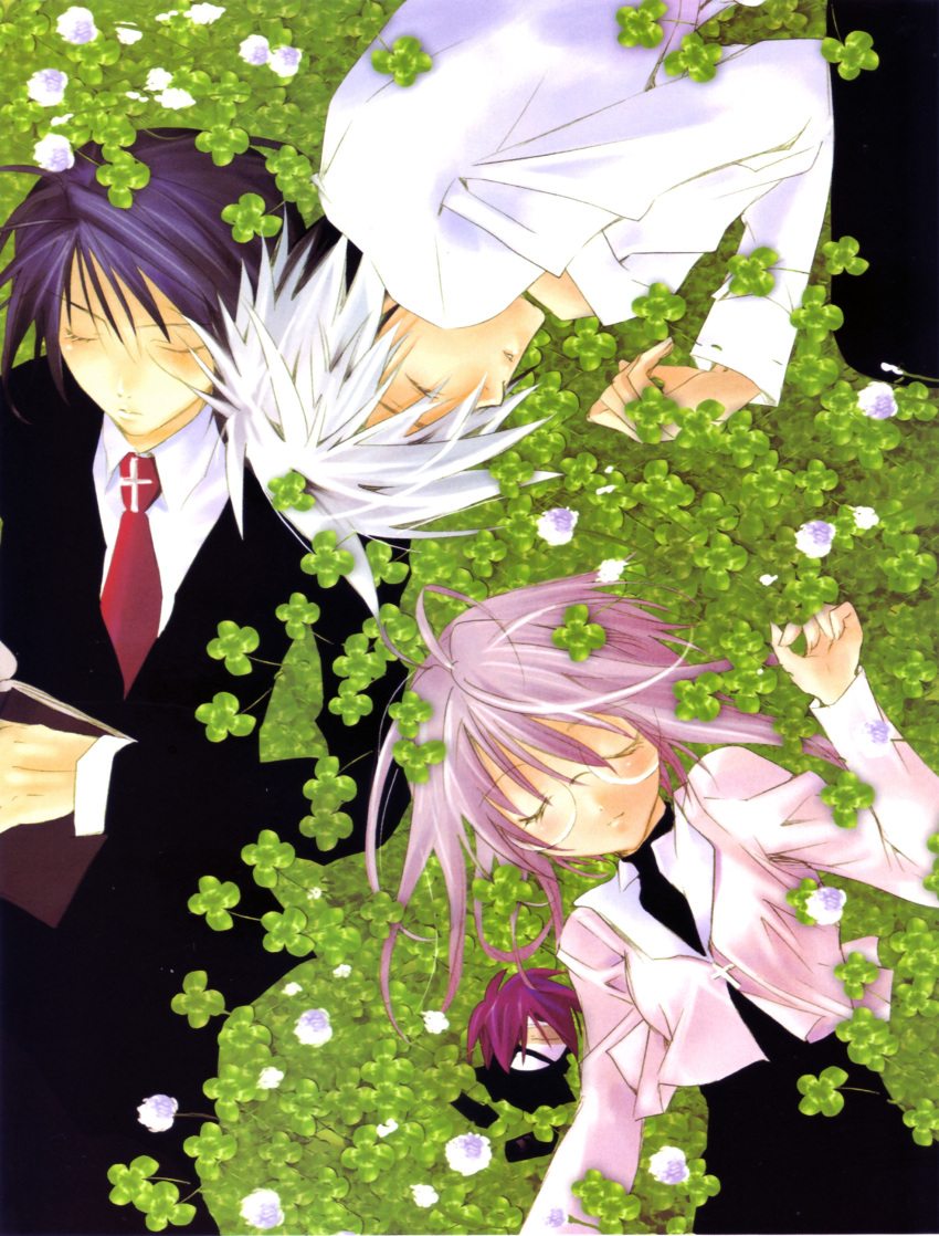 akatsuki_chika, book, closed_eyes, clover, clover_(flower), cross, highres, kita_michiru, pink_hair, shinigami_(zombie_loan), short_hair, sleeping, tachibana_shito, zombie_loan