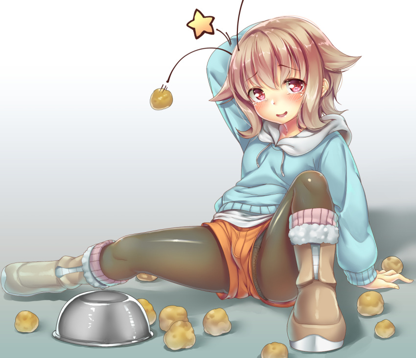 1girl, atra_mixta, black_legwear, blonde_hair, blush, boots, bowl, ecou