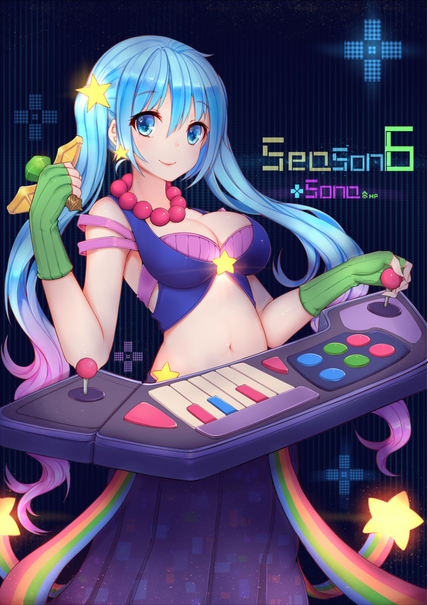 1girl, arcade_sona, blue_eyes, blue_hair, breasts, cleavage, earrings, gloves