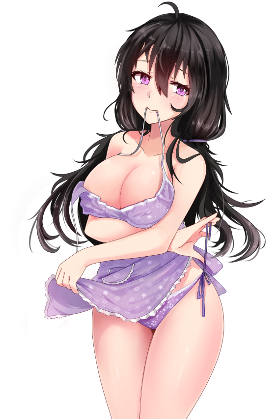 1girl, apron, beifeng_han, black_hair, breast_hold, breasts, cleavage, collarbone
