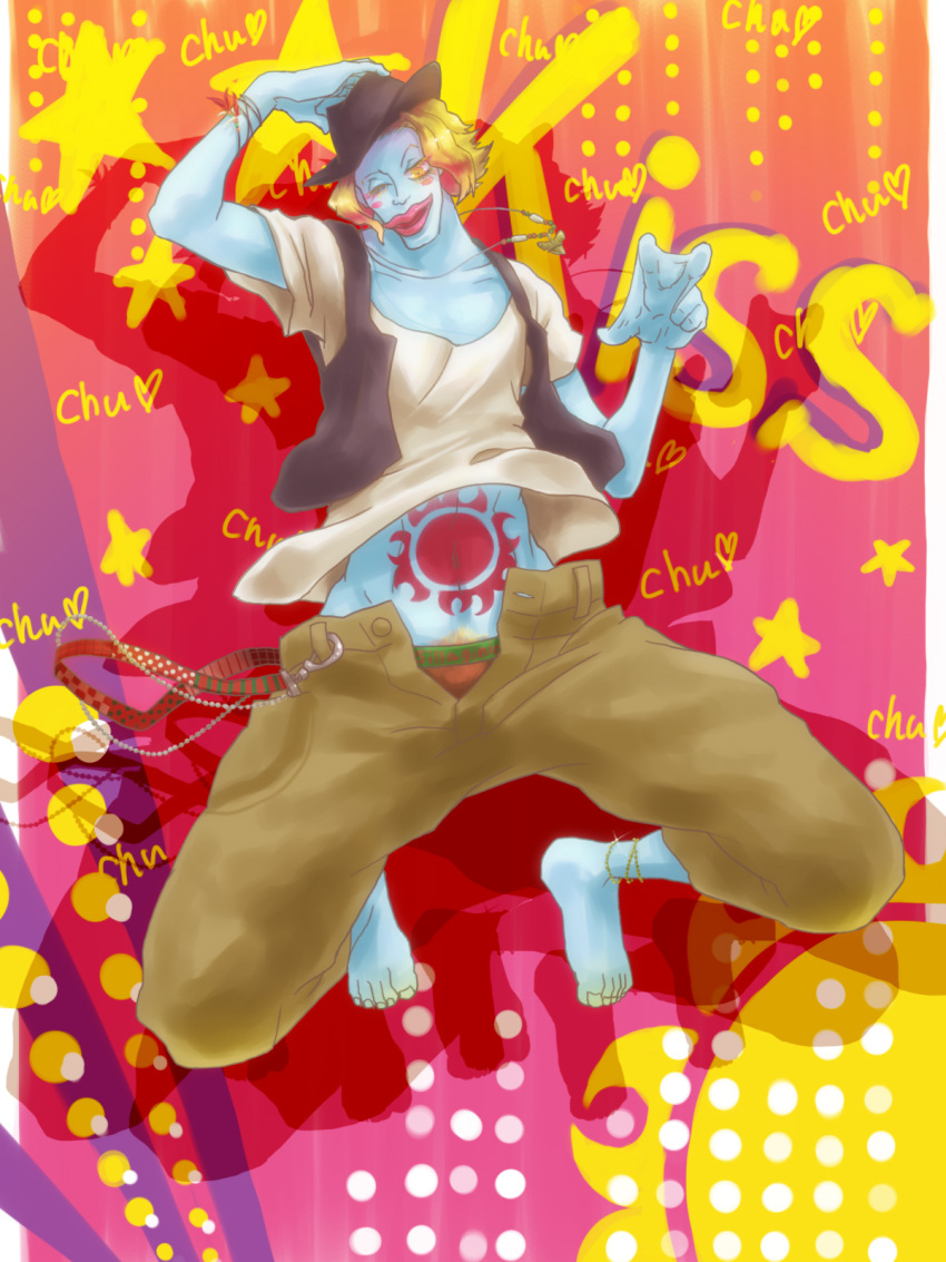 1boy, alternate_costume, barefoot, blonde_hair, blue_skin, blush, bracelet, chew_(one_piece)
