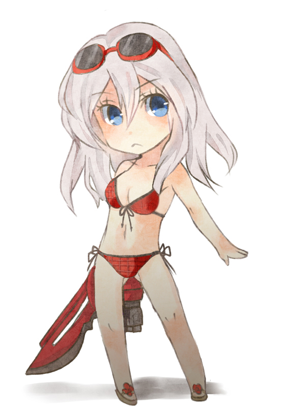 1girl, alisa_ilinichina_amiella, bikini, blue_eyes, blush, breasts, chibi, god_eater