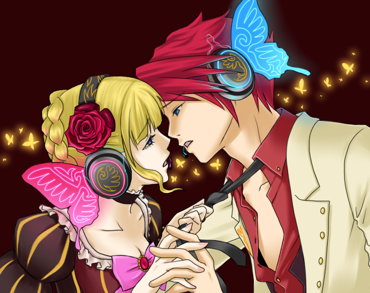 1boy, 1girl, aikabocha, beatrice, butterfly, headphones, magnet_(vocaloid), necktie, parody, umineko_no_naku_koro_ni, ushiromiya_battler, vocaloid