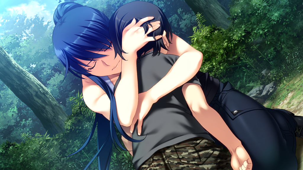 1boy, 1girl, black_hair, blue_hair, game_cg, grisaia_no_meikyuu, hug, kazami_yuuji