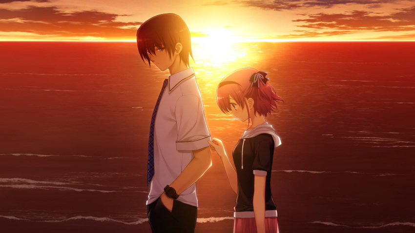 1boy, 1girl, black_eyes, black_hair, black_ribbon, blue_necktie, game_cg, grisaia_no_kajitsu