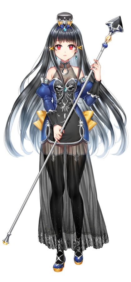 1girl, black_hair, detached_sleeves, long_hair, polearm, red_eyes, see-through, shainea