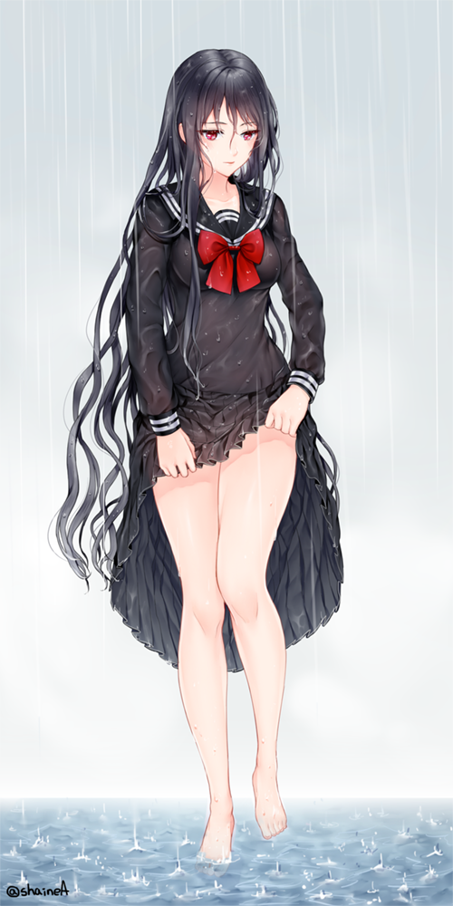 1girl, barefoot, black_hair, long_hair, rain, red_eyes, school_uniform, serafuku
