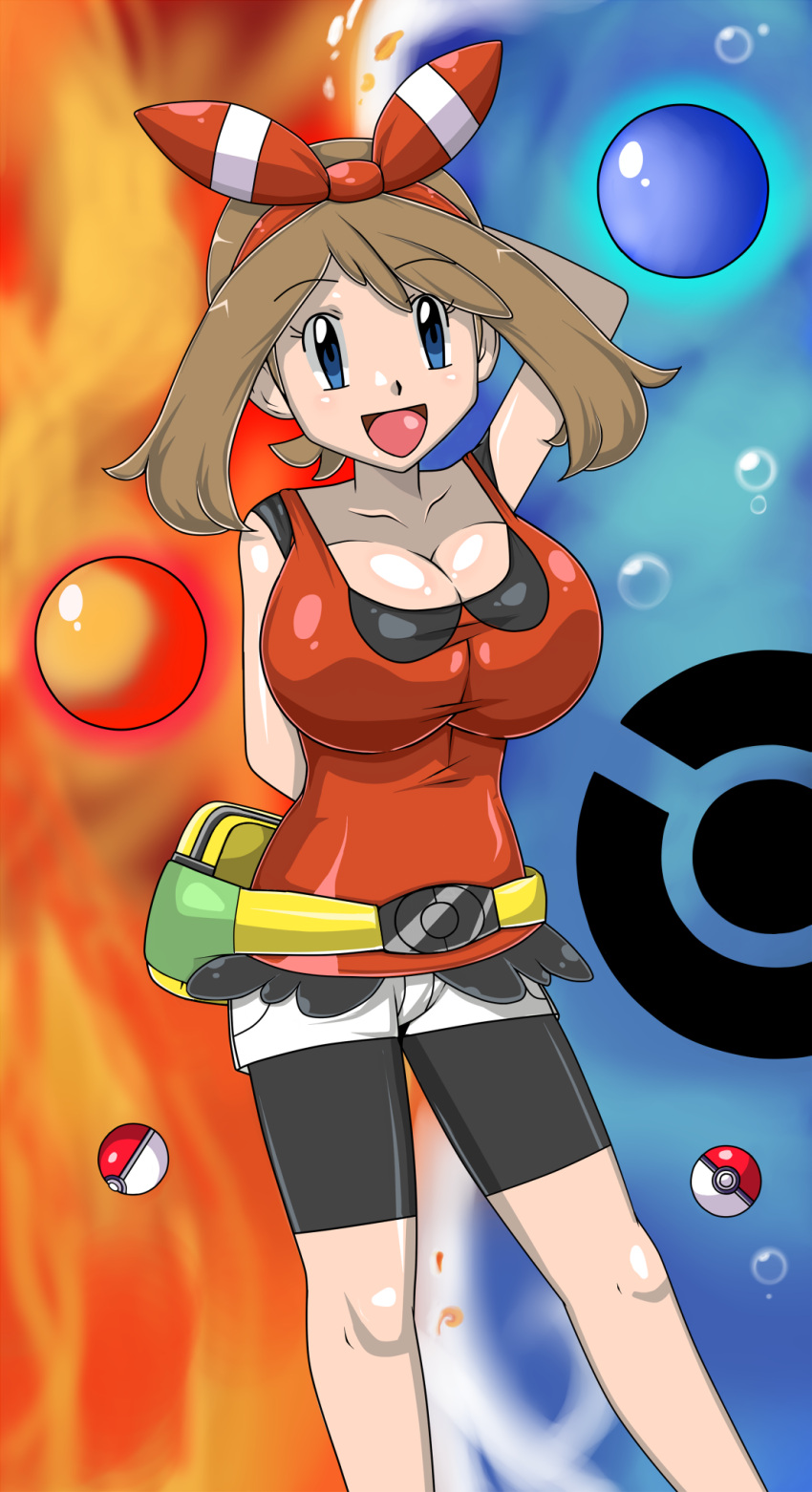:d, abstract_background, arm_behind_back, arm_behind_head, belt, bike_shorts, bike_shorts_under_shorts, blue_eyes, breasts, brown_hair, cellshadfan, cleavage, fanny_pack, hair_ribbon, haruka_(pokemon), haruka_(pokemon)_(remake), highres, huge_breasts, legs, looking_at_viewer, open_mouth, poke_ball, pokemon, pokemon_(game), pokemon_oras, ribbon, shirt, shorts, sleeveless, sleeveless_shirt, smile, tank_top, thighs