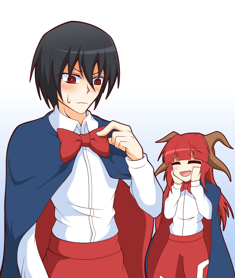 1boy, 1girl, black_hair, blush, bowtie, closed_eyes, crossdressinging, hair_ornament