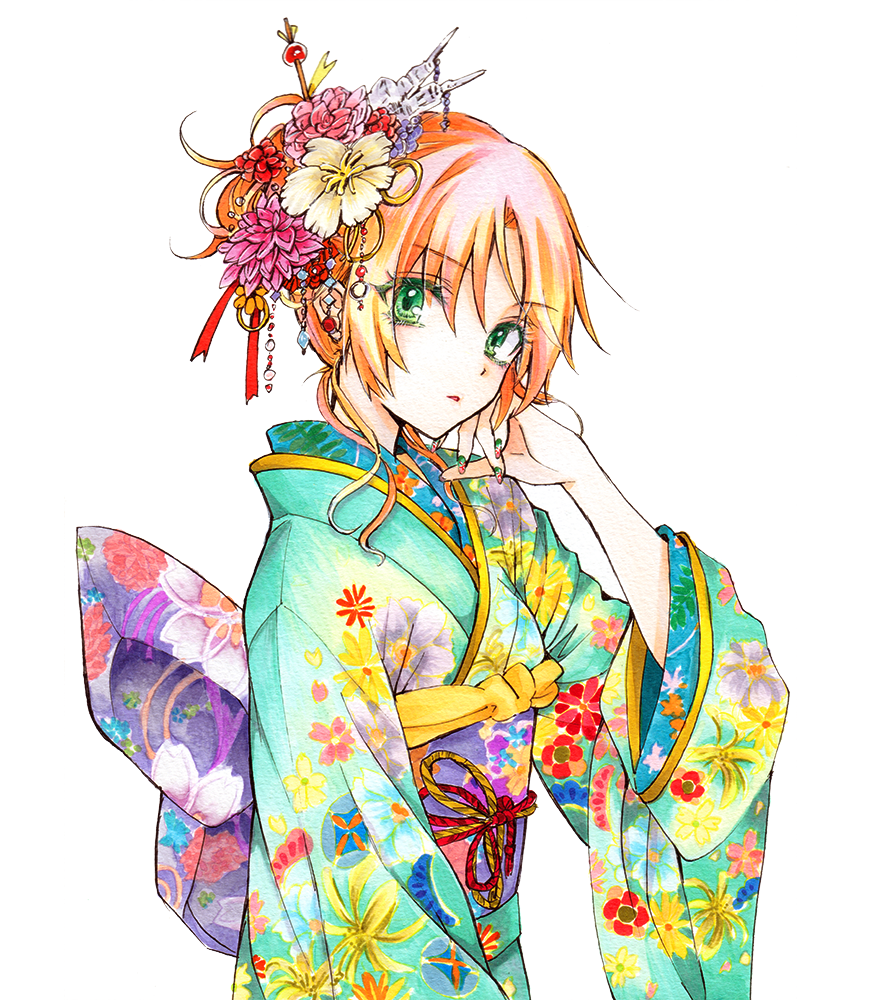 1girl, ansatsu_kyoushitsu, ayasemn, green_eyes, hayami_rinka, japanese_clothes, kimono, looking_at_viewer