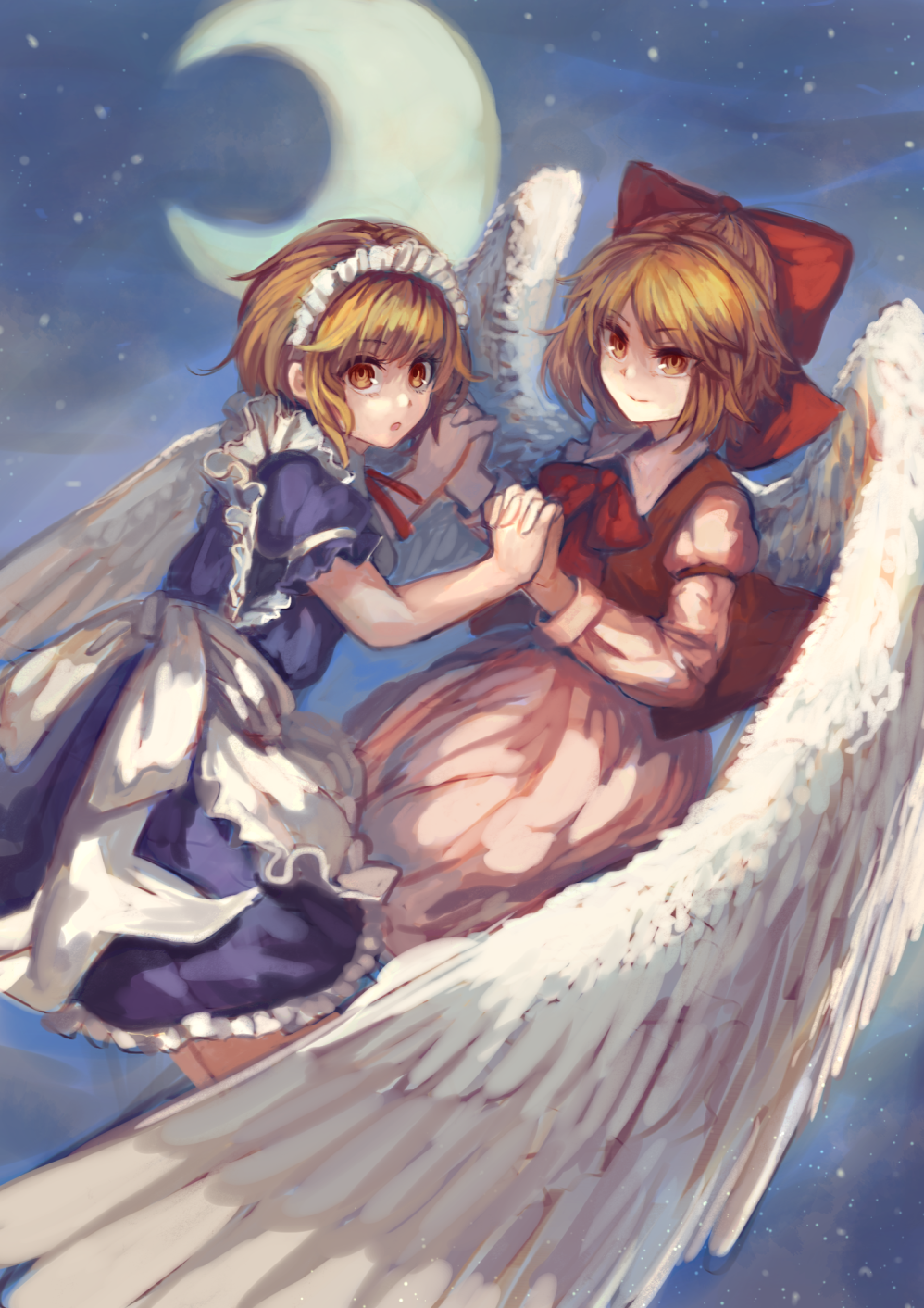 2girls, :o, apron, arm_garter, bangs, berabou, blonde_hair, blush