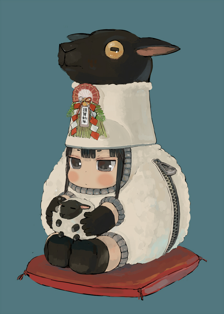 1girl, animal, animal_costume, animal_hat, animal_on_lap, black_gloves, black_hair, black_legwear, blue_background, chinese_zodiac, ebimomo, fan, folding_fan, full_body, fur_trim, gloves, hat, leaf, new_year, no_shoes, original, pillow, seiza, sheep, sheep_costume, sheep_head, shide, short_eyebrows, simple_background, sitting, solo, thigh-highs, zipper