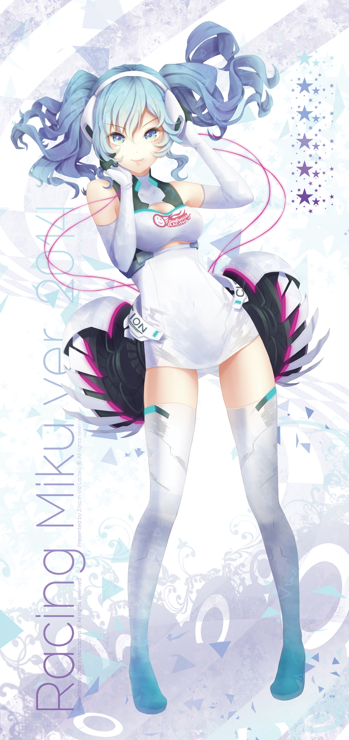 1girl, aqua_eyes, aqua_hair, ariruhena, elbow_gloves, gloves, goodsmile_company, goodsmile_racing, hand_on_headphones, hatsune_miku, headphones, headset, highres, long_hair, looking_at_viewer, racequeen, solo, thigh-highs, twintails, vocaloid
