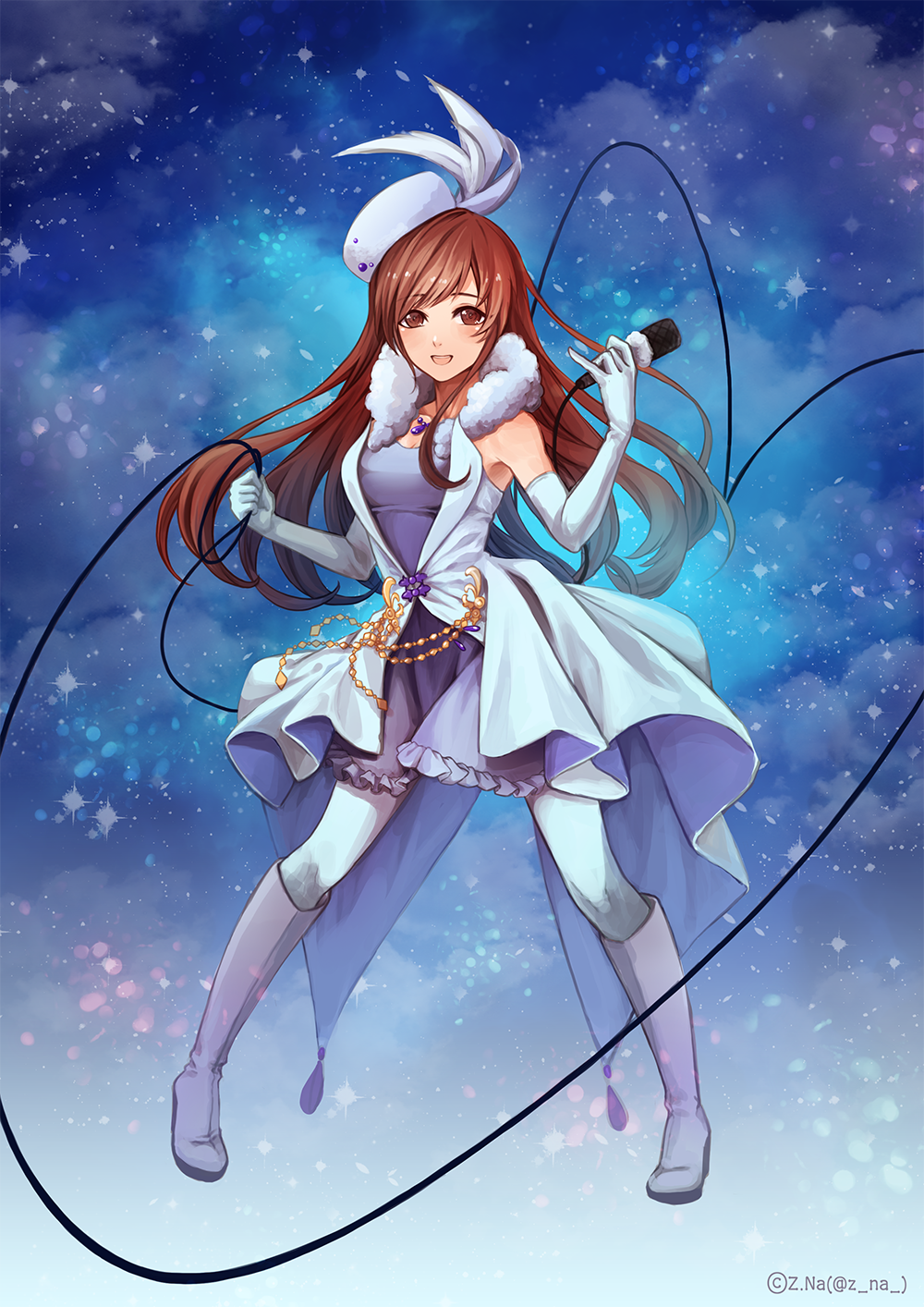 1girl, ariruhena, bare_shoulders, breasts, brown_eyes, brown_hair, dress, elbow_gloves, gloves, hat, highres, idolmaster, idolmaster_cinderella_girls, long_hair, microphone, nitta_minami, open_mouth, pantyhose, pure_white_memories, smile, solo