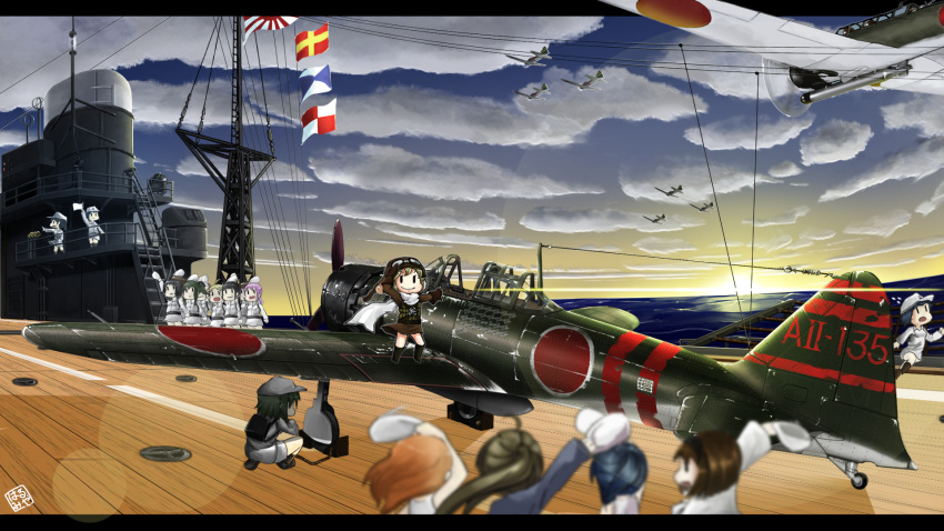 clouds, fairy_(kantai_collection), flag, highres, ocean, zero_(kantai_collection)